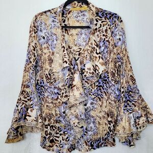 Vtg Lloyd Williams Leopard Layered Lace Ruffle Bell Sleeve Button Down Size XL